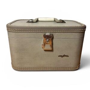 Vintage Airway Train Case Gray Hard Shell Makeup Cosmetic Vanity Case w Mirror